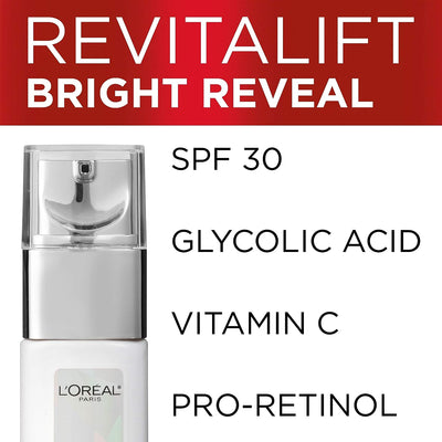 L'Oréal Paris Revitalift Bright Reveal Anti-Aging Day Cream with SPF 30 with Glycolic Acid, Vitamin C & Pro-Retinol, Reduce Wrinkles 1 fl. oz.